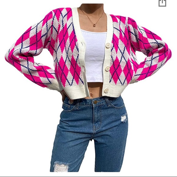 Cropped Argyle Cardigan - Picture 1 of 3